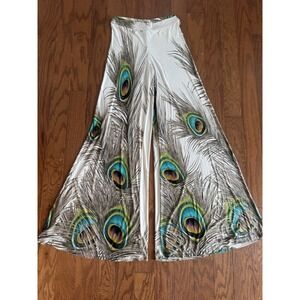 Yahada Womens Peacock Feather Palazzo Pants Sz S Wide Leg Boho Festival
